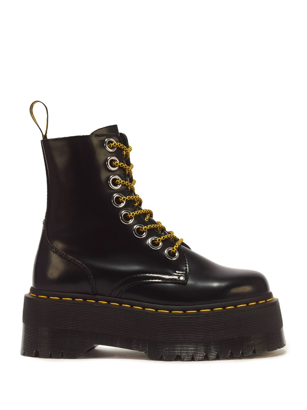 Dr. Martens Black Patent Platform Lace-Up Boots with Yellow Pull Tab - Picture 2 of 3